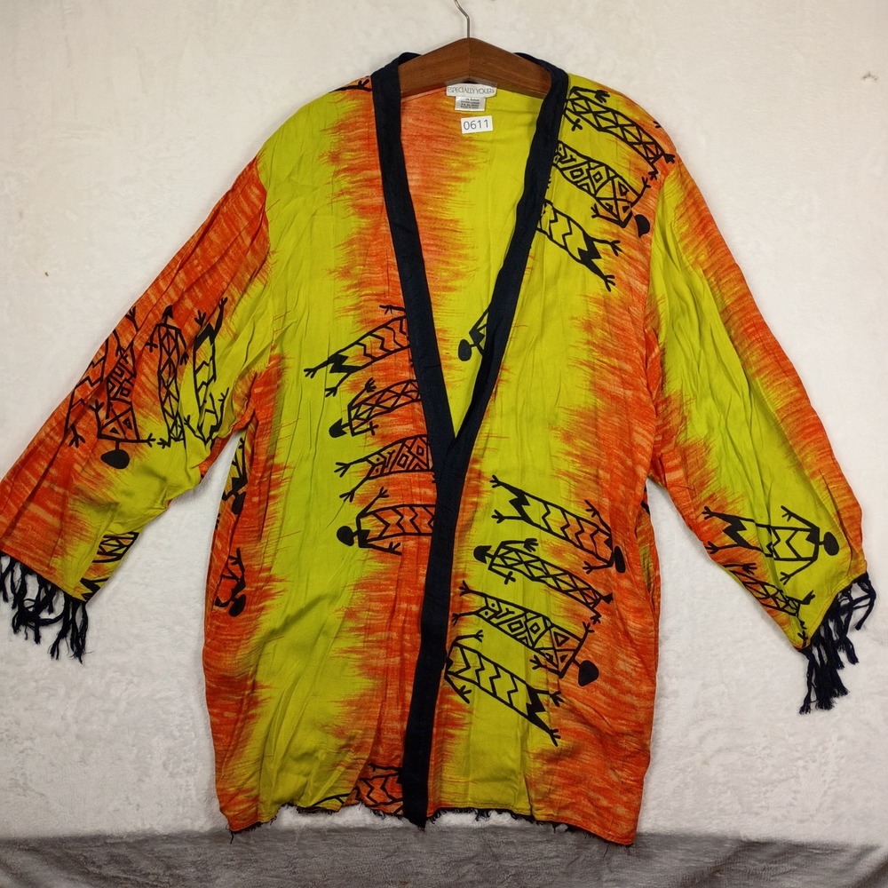 Especially Yours Kimono Cardigan Women XL Orange Green Tribal Boho Festival